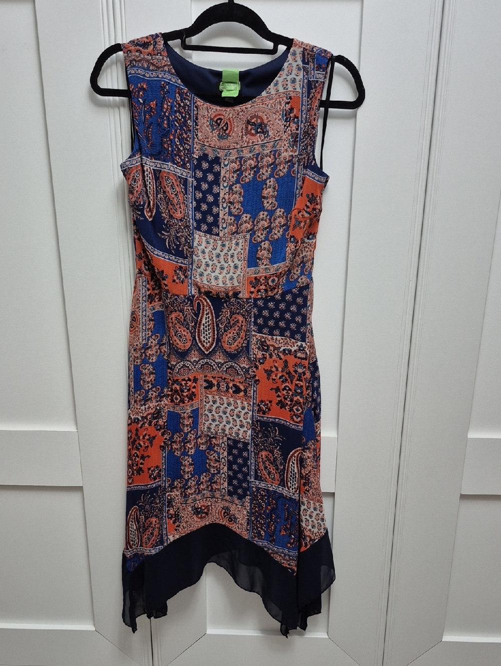 Enfocus Studio Navy and Orange Paisley Patchwork High-Low Dress